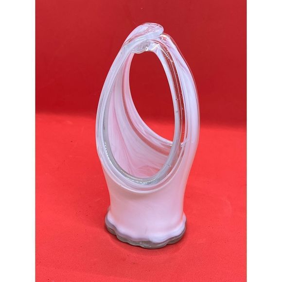 art class Other - VTG HAND BLOWN ART GLASS BASKET 7” UNMARKED WHITE AND CLEAR GLASS SWIRL STRETCH